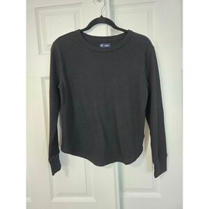 Gap Womens Black Waffle Knit Thermal Long Sleeve Crew Neck Curved Hem Top XXS